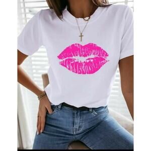 T-shirt Crewneck Pink Lips Neon, Princess cut fitted - Size PM